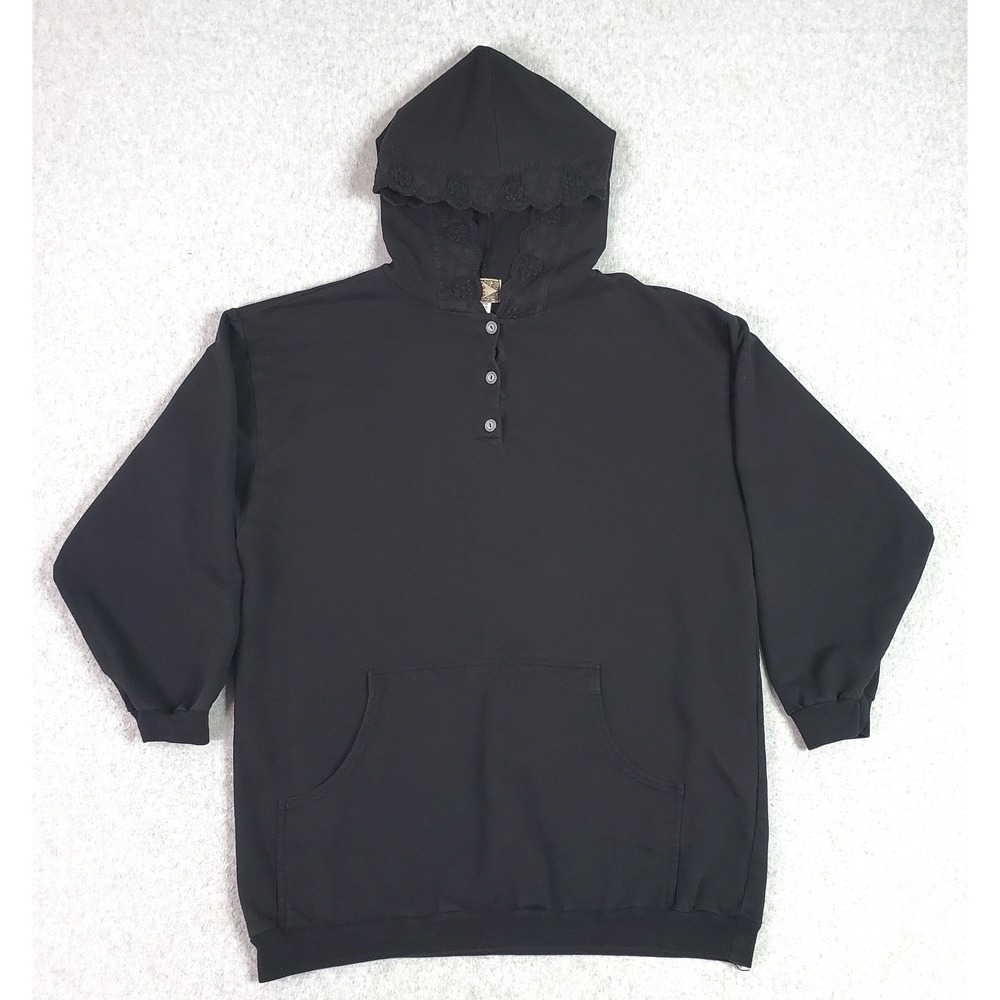 Vintage EXP Hoodie Womens Small Black Lace Trim Henley Kangaroo Pocket Made USA